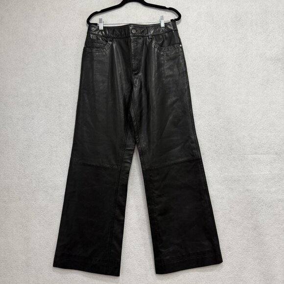 Sundance Genuine Leather Pants Womens 29 Black Wide Leg Lined Zip Fly 5 Pocket - Picture 1 of 9